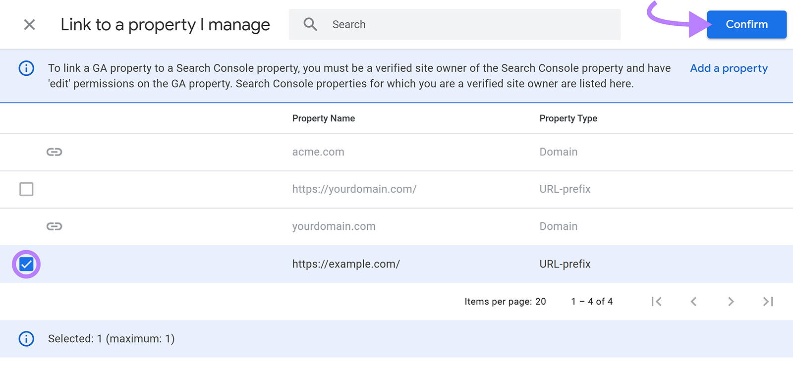 Property selection screen with website checked and arrow pointing to Confirm