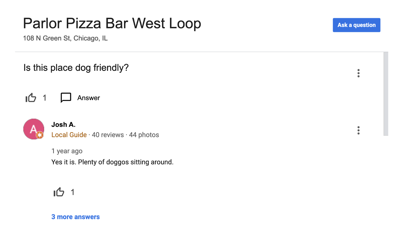 A potential visitor asks if the local business is dog friendly in the Google Business Profile Q and A section.