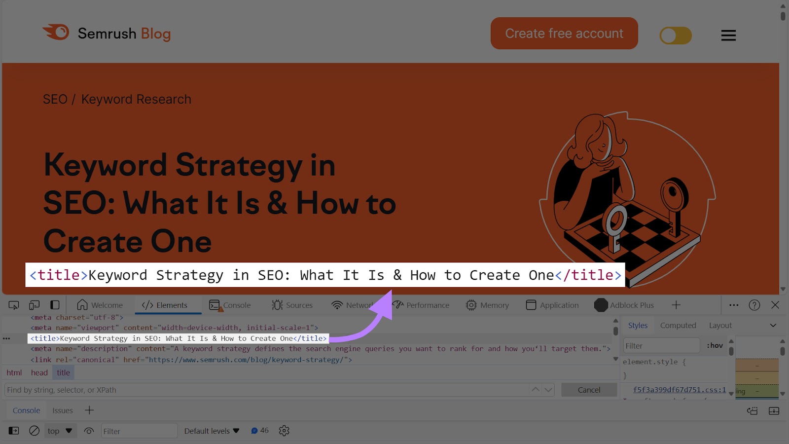 Title tag HTML code of a Semrush article shown using the Google Chrome Inspect tool.