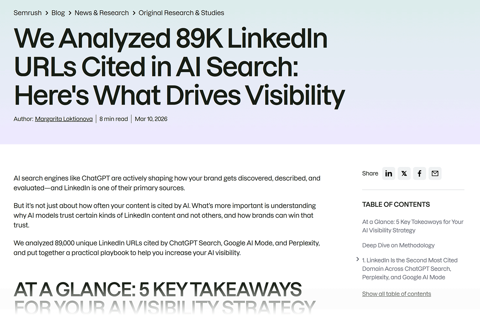 Semrush blog article titled “We Analyzed 89K LinkedIn URLs Cited in AI Search” with author, date, and intro text