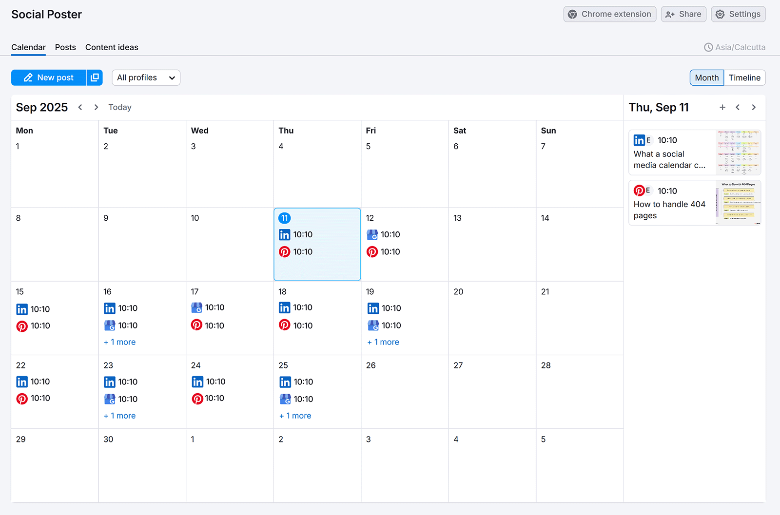 Semrush Social Poster calendar view showing scheduled Google Business, LinkedIn, and Pinterest posts.