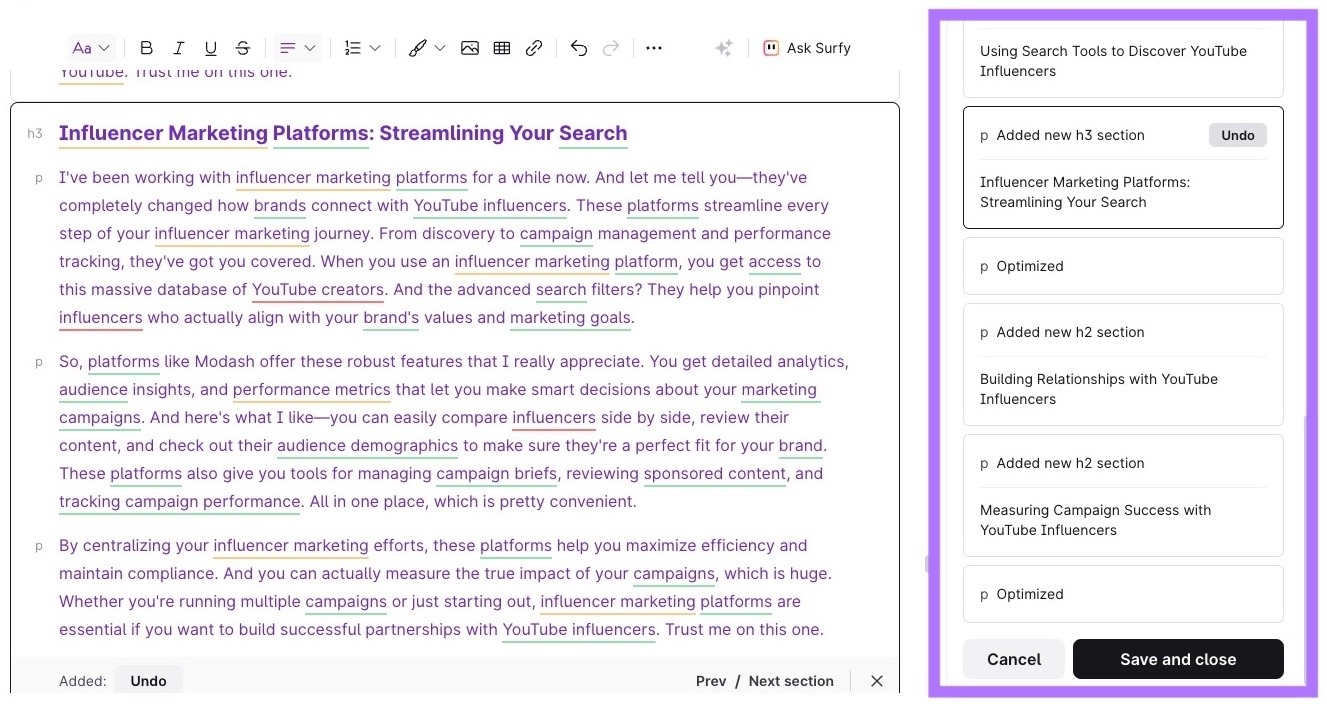 "Auto-optimize" results on SurferSEO with all the reviewable and reversible changes made appearing on the right-hand side.