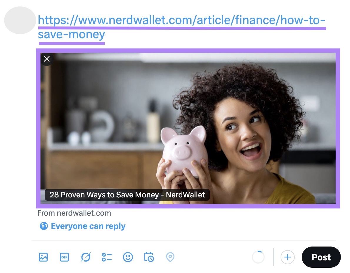 A URL entered on X's Tweet Composer to see how the content will appear when posted.