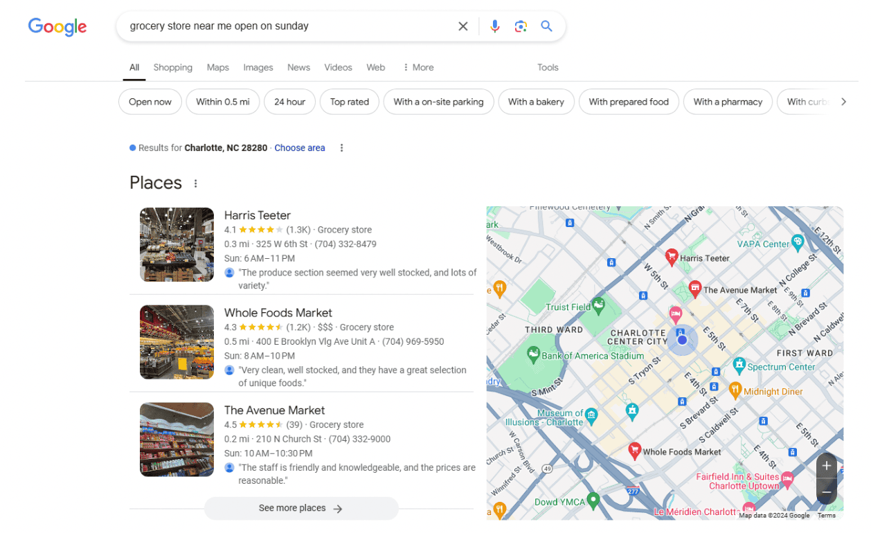 Search query for “grocery store near me open on Sunday”