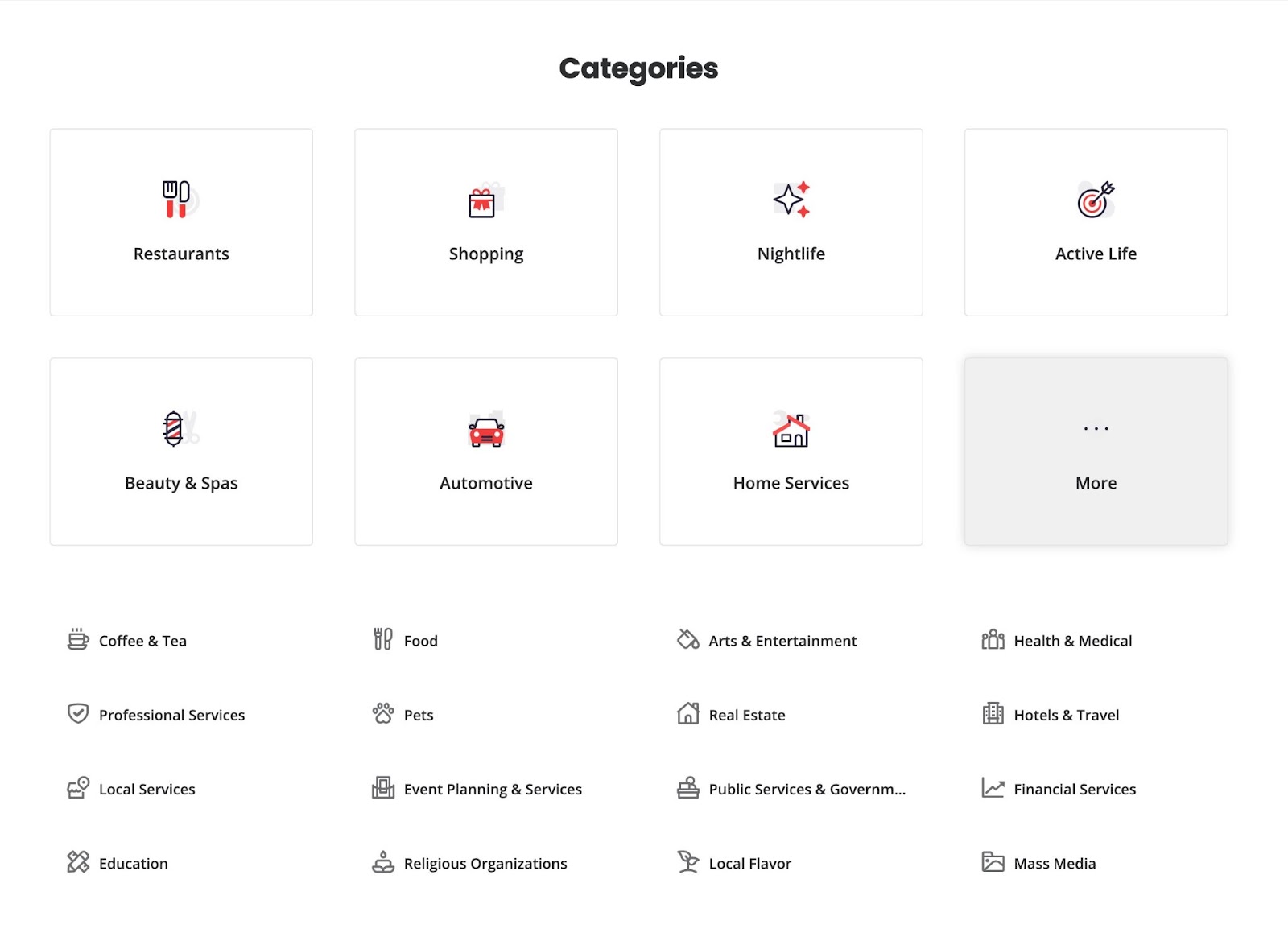Categories on Yelp including pages for restaurants, shopping, nightlife, home services, etc.