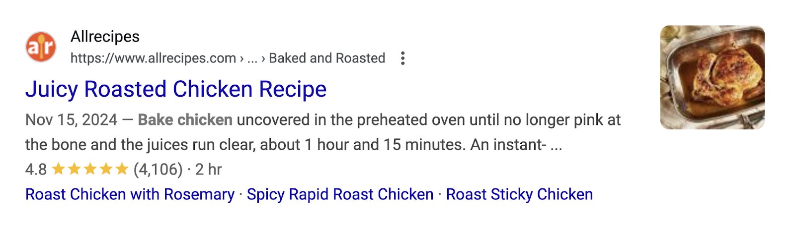 This recipe rich snippet has an image, related recipes, star rating, number of reviews, and time to make.