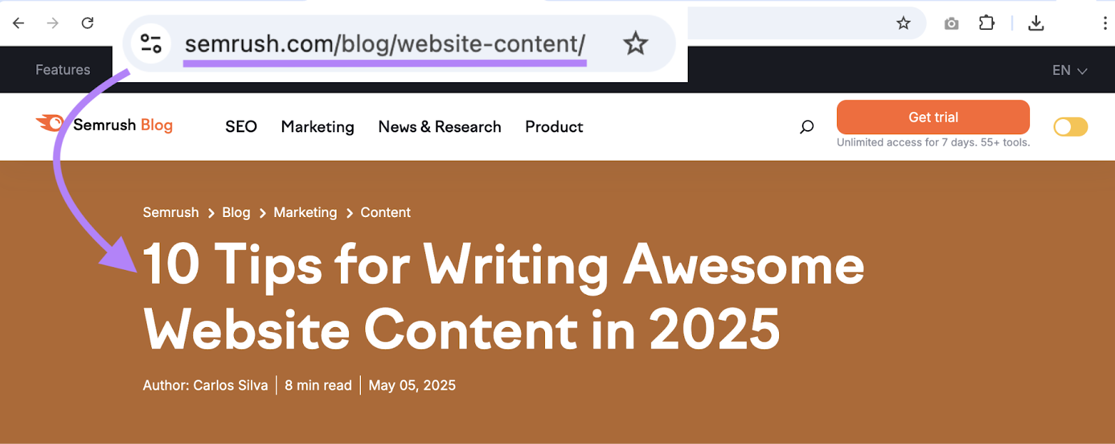 A blog titled 10 tips for writing awesome web content is at the URL sr03.balochseotools.com/blog/website-content.