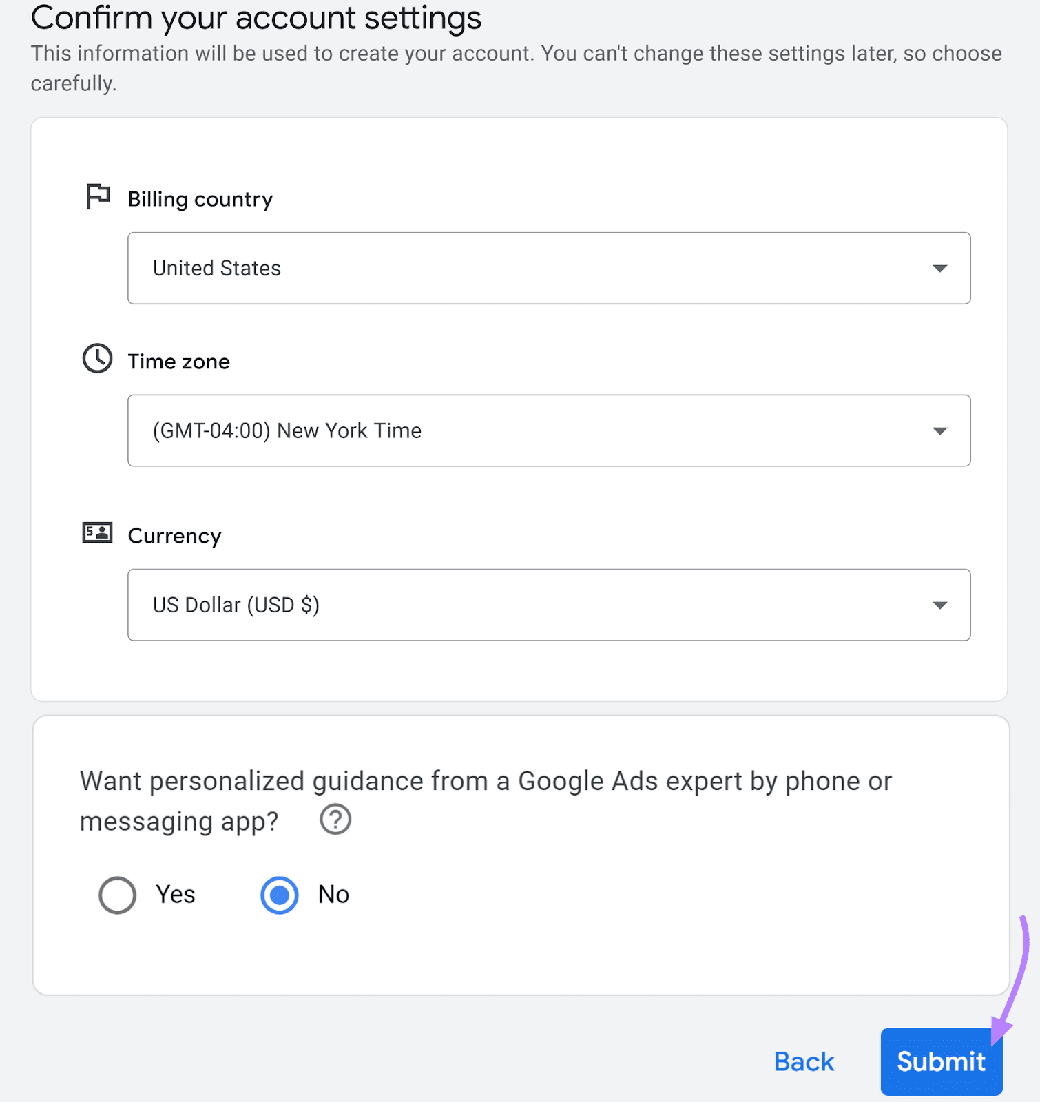 confirm your account settings window in Google Ads