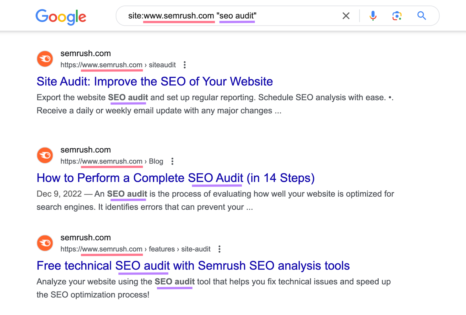search for "site:sr03.balochseotools.com "seo audit"" shows list of urls on semrush with keyword mentioned