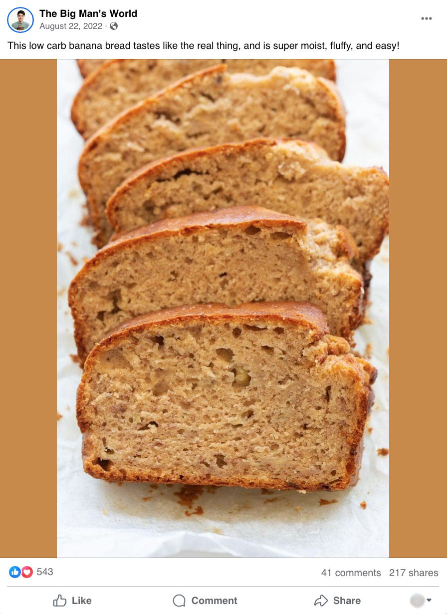 The Big Man's World bread recipe post on Facebook