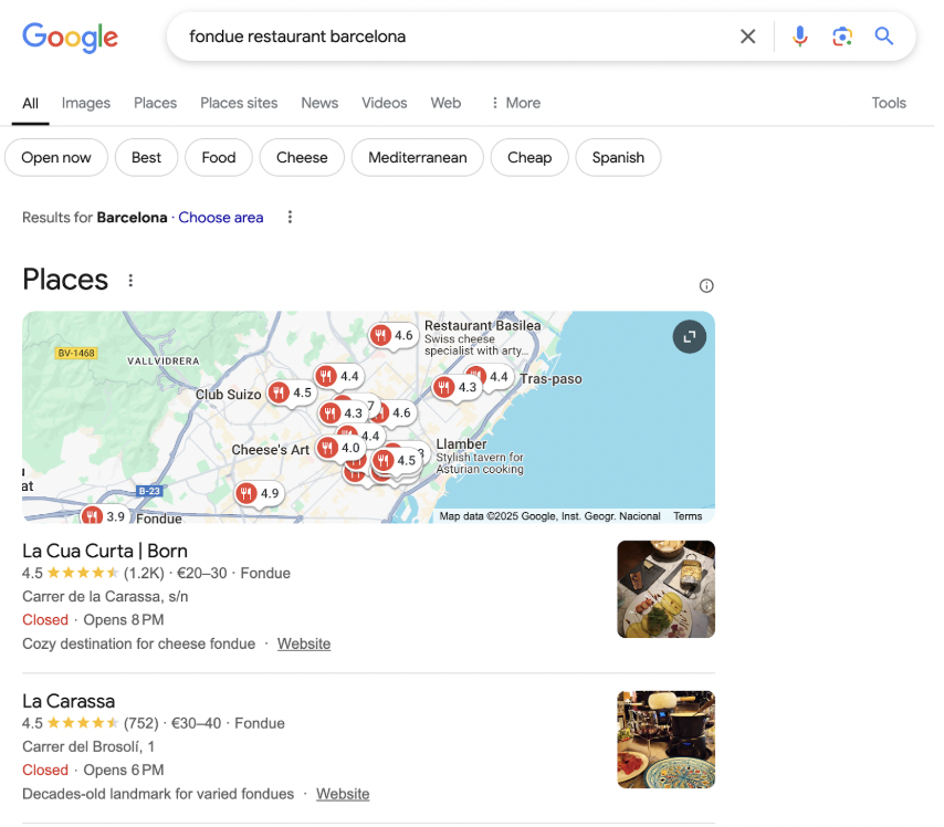 Local results for “fondue restaurant barcelona.”
