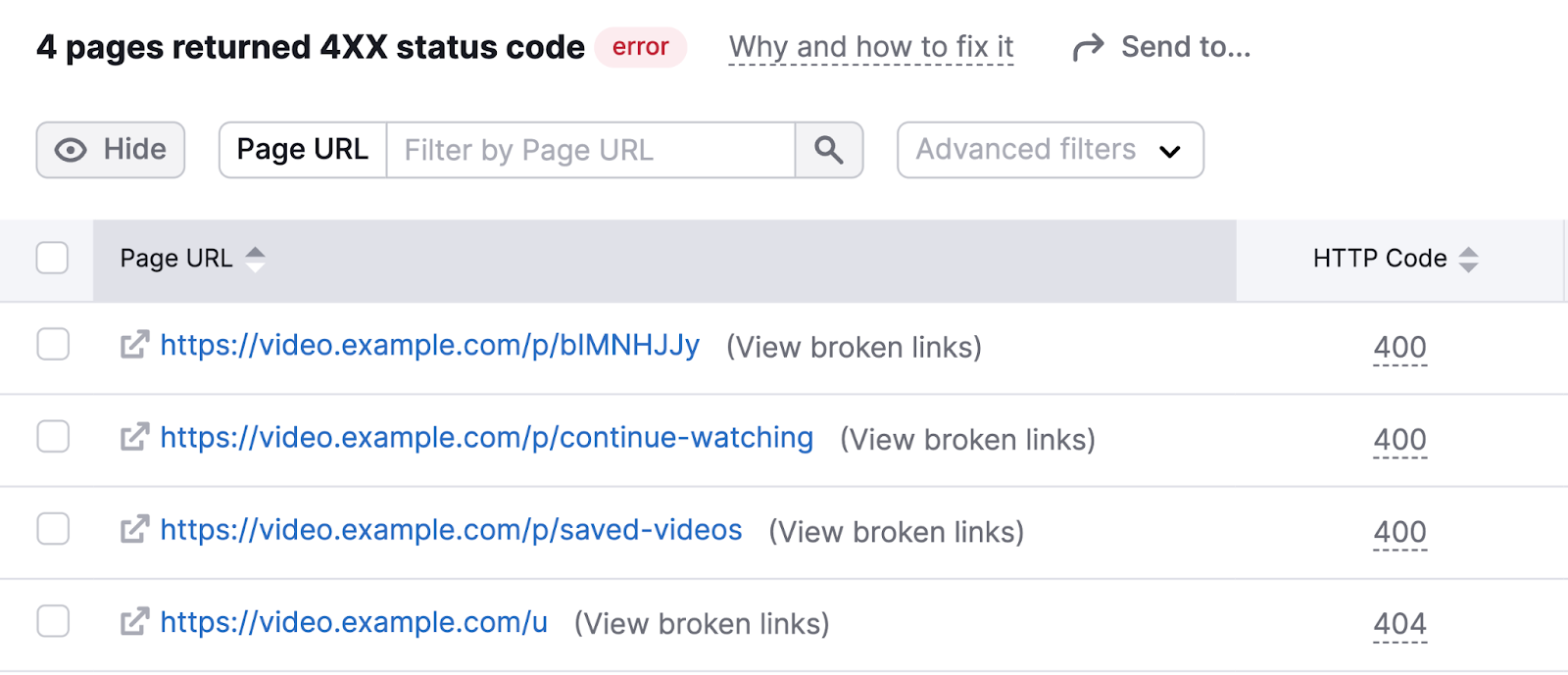 A list of pages with 4XX status code
