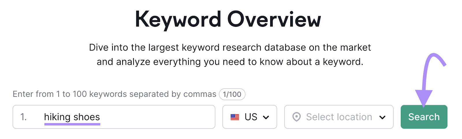 "hiking shoes" entered into Keyword Overview search bar
