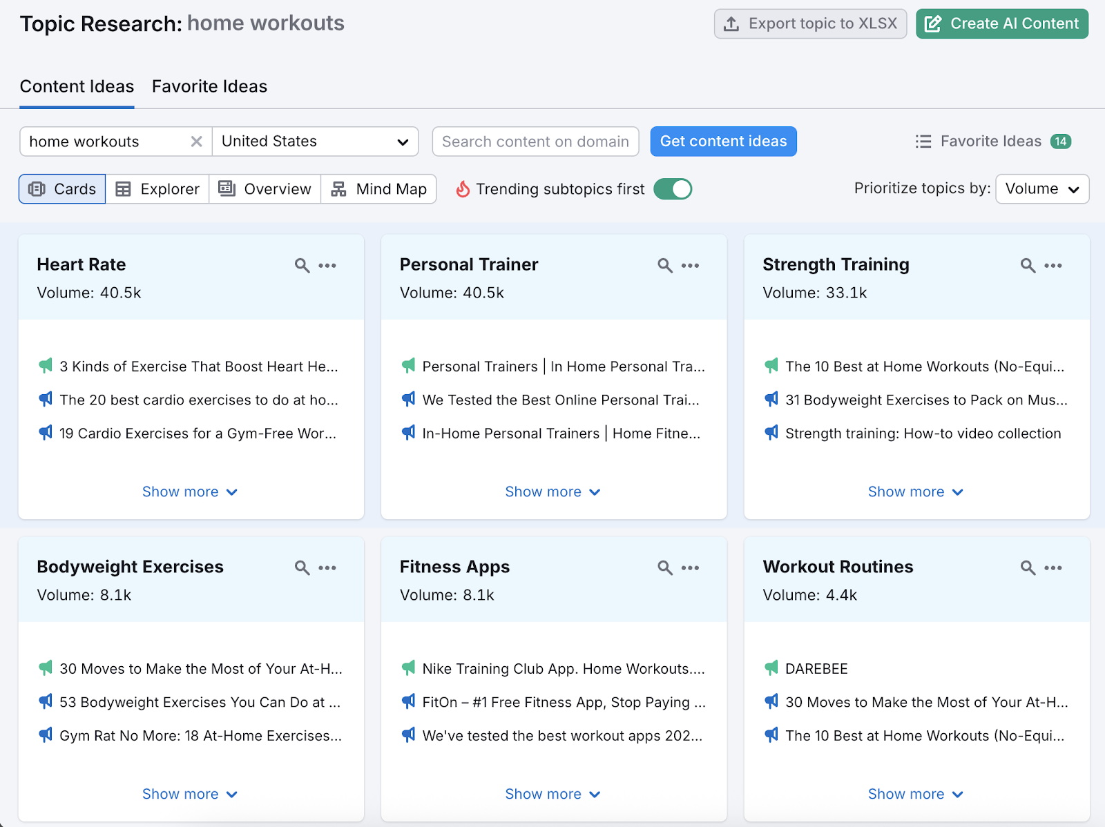 After entering a topic, the tool returns idea cards as subtopics, with headlines and other search metrics.