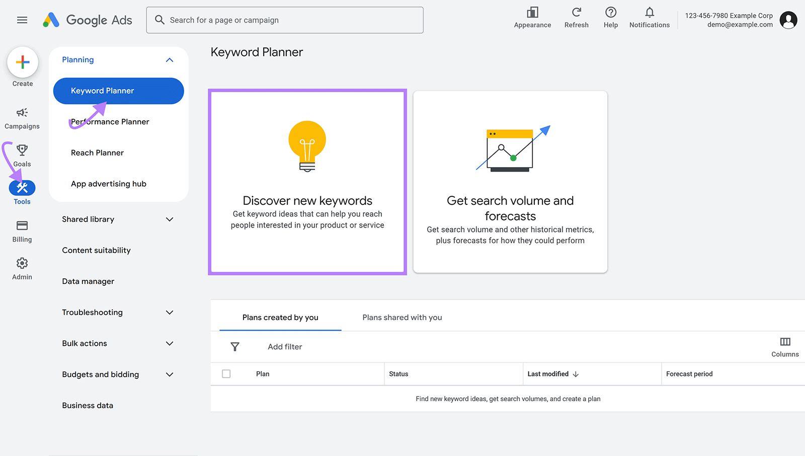 Google Ads Keyword Planner with Tools menu and “Keyword Planner” highlighted with purple arrow