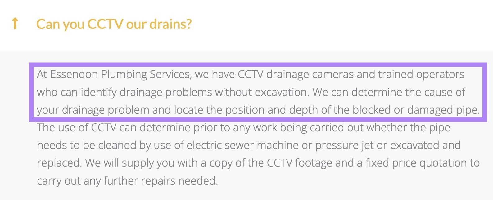 The FAQs section of a local business website with a question expanded and the answer highlighted.
