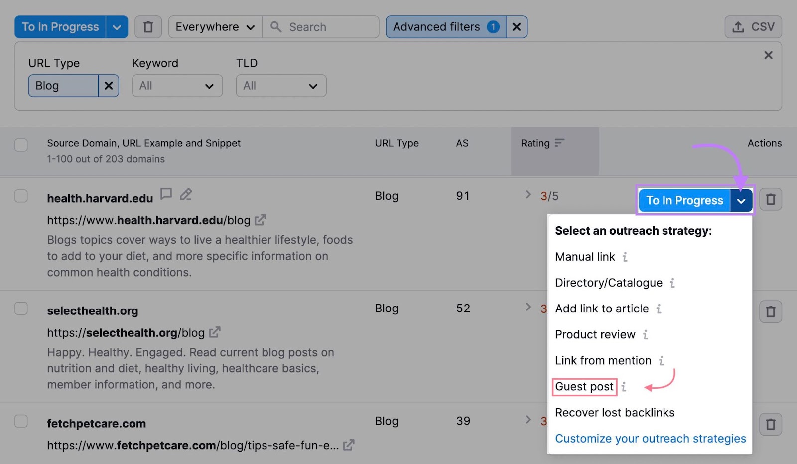 “Guest post” selected under the "To In Progress" drop-down menu