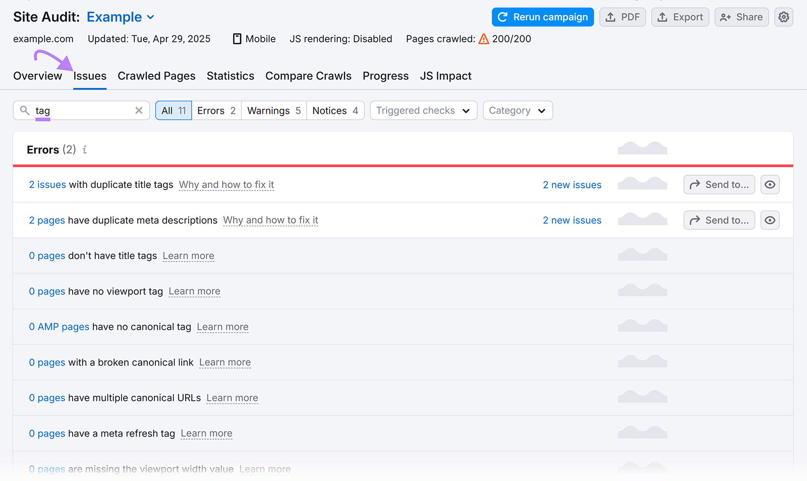 Site Audit tool with arrow pointing to open Issues tab and a search filter applied for "tag" showing critical SEO errors, including duplicate title tags and meta descriptions.