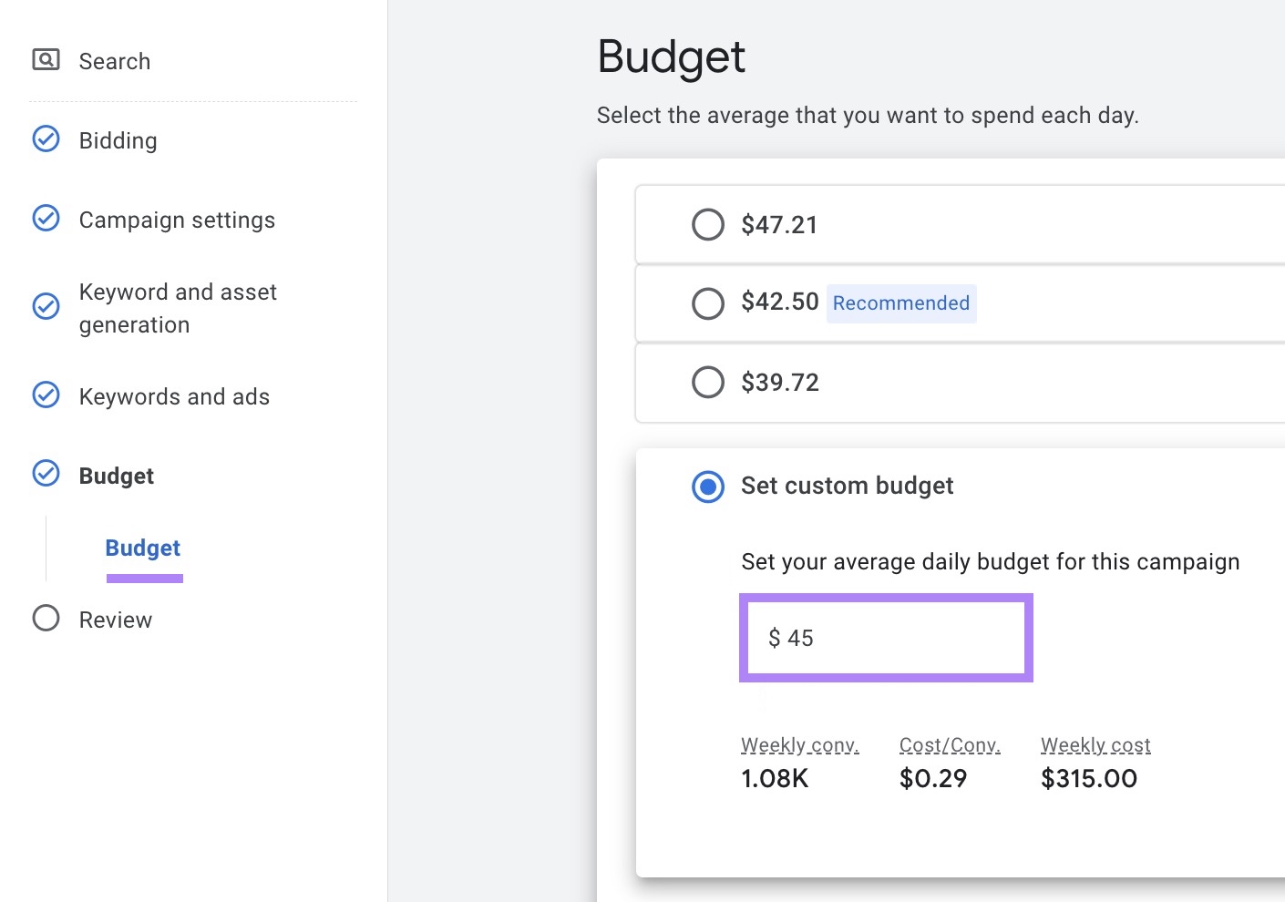 Budget settings on Google Ads with "Set custom budget" selected and an amount entered.