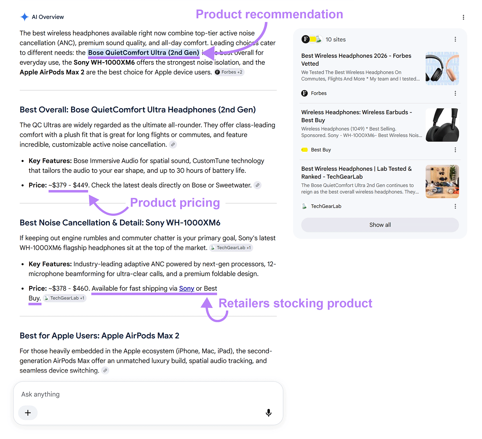 AI Overview highlighting product recommendations, pricing, and retailers for wireless headphones