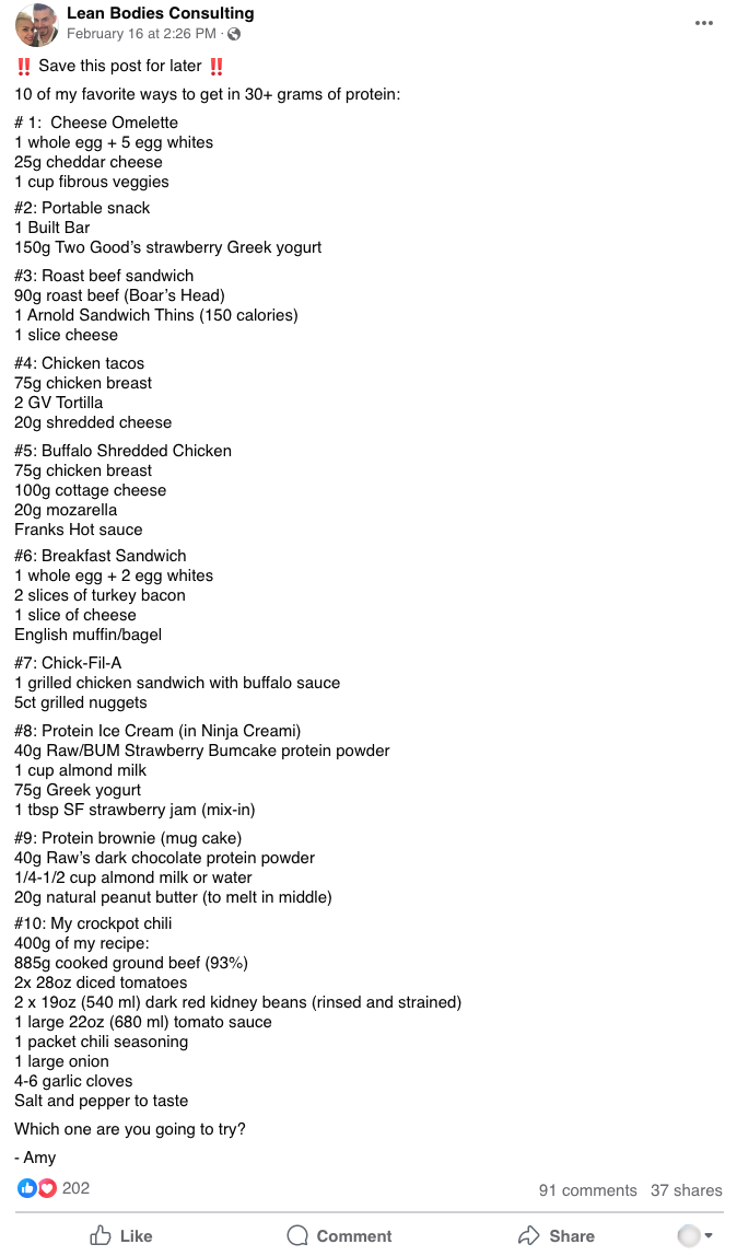 Lean Bodies Consulting's Facebook post on 10 ways to get an extra 30+ grams of protein into diet