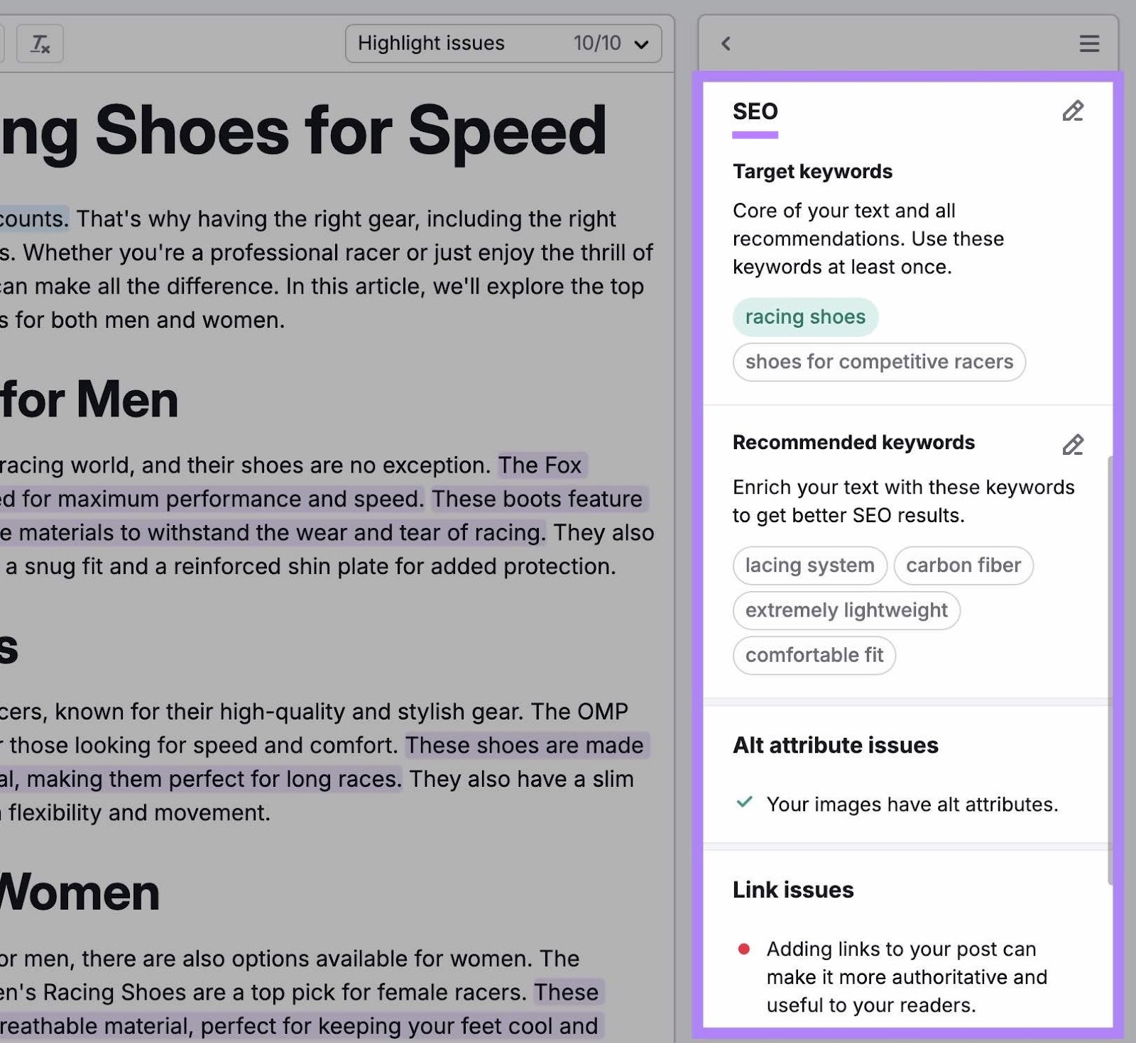 SEO suggestions on SWA including a list of semantic keywords to use, link issues to address, alt attribute issues, etc.