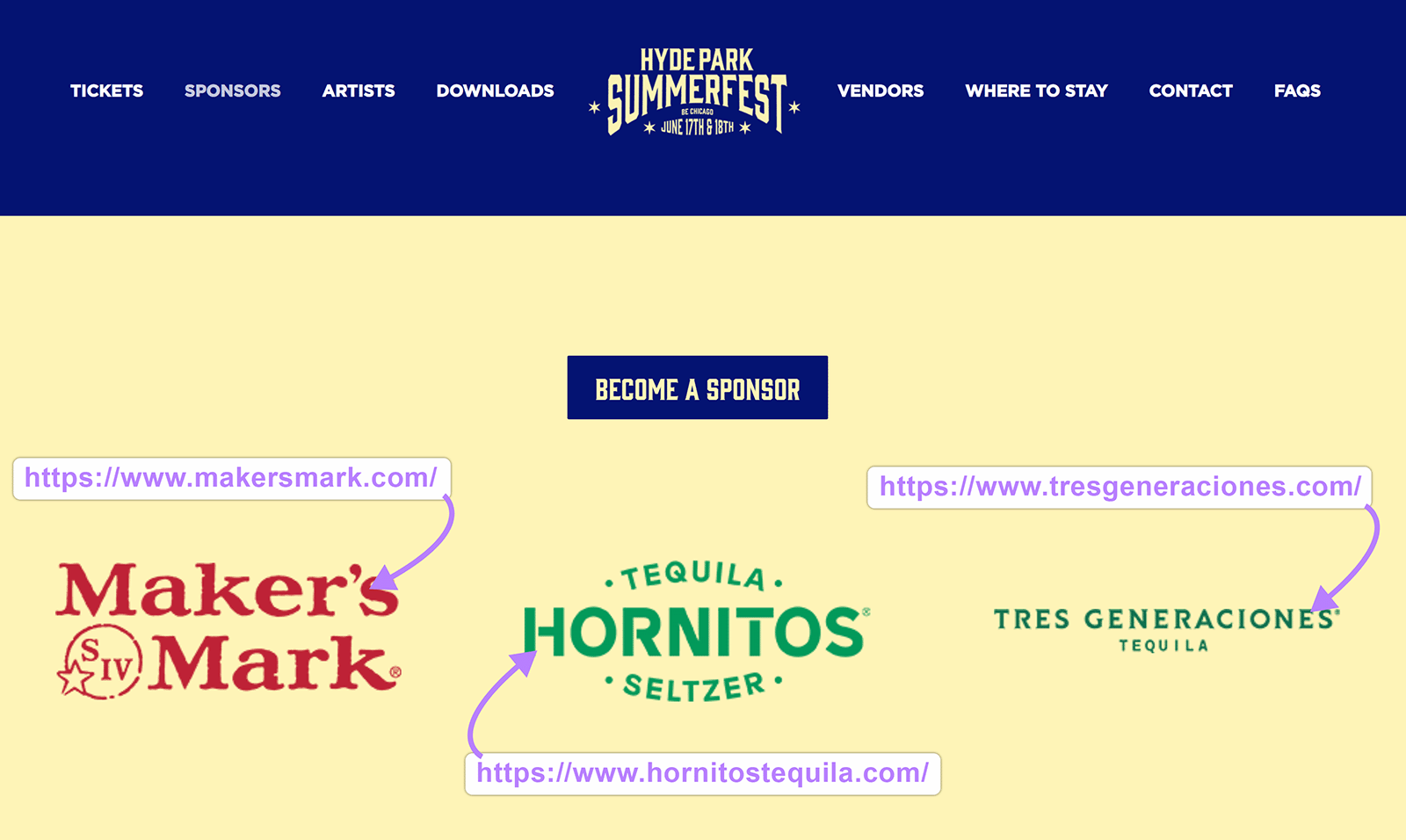 Event sponsor logos with URLs showing links to the sponsors’ websites