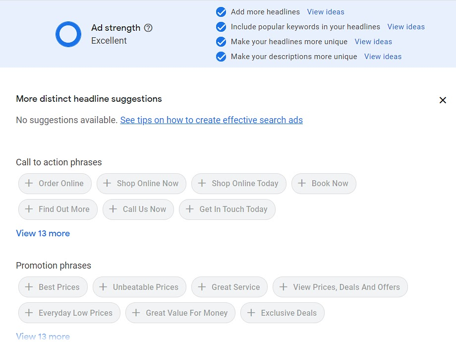 Ad strength dashboard