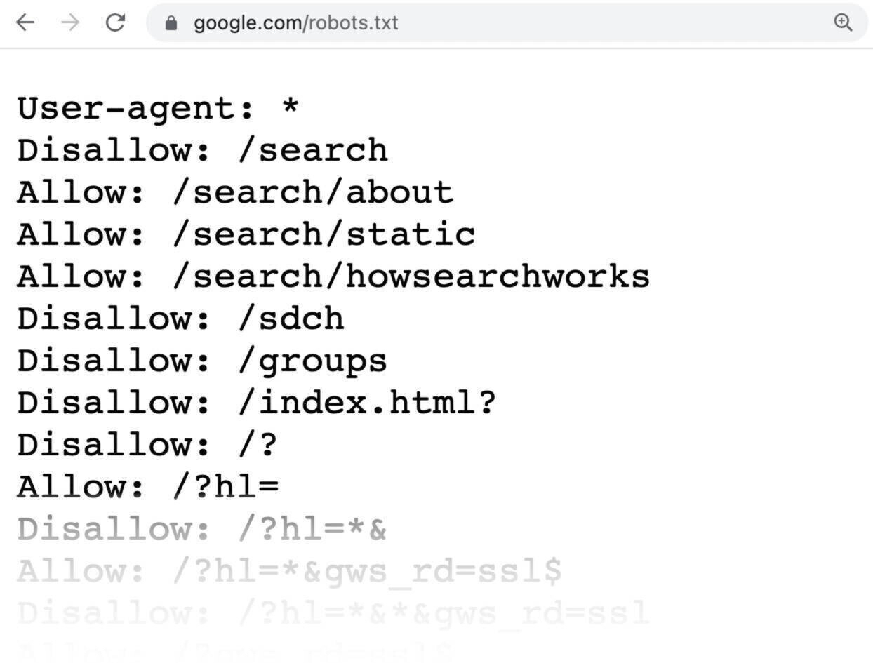 Example of robots.text file showing which pages to allow and disallow crawling on.