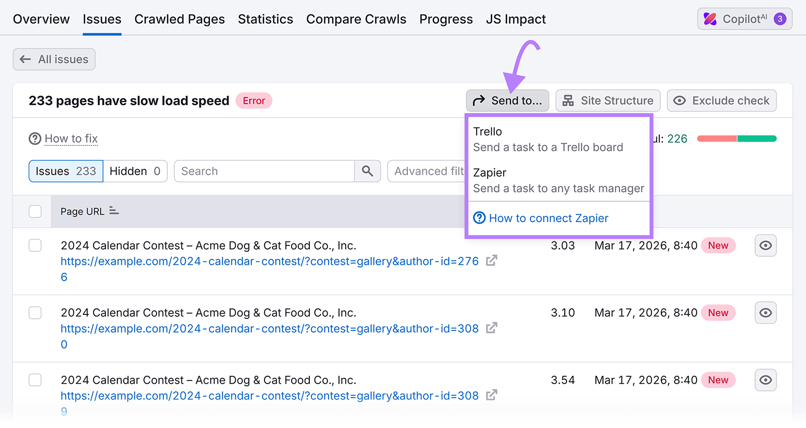 Site audit tool highlighting slow page load issues with option to send tasks to Trello or Zapier