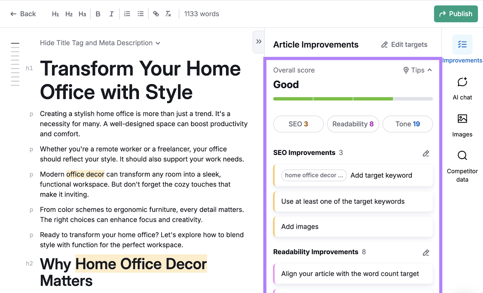 The overall score is good with SEO and readability improvements to apply.