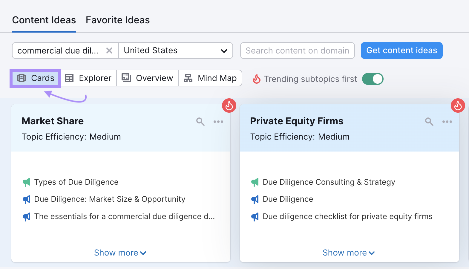 "Cards" tab in Topic Research tool