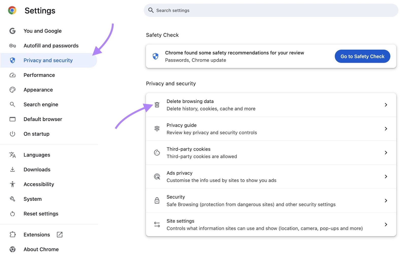 "Privacy and security" settings on Chrome with "Delete browsing data" clicked.