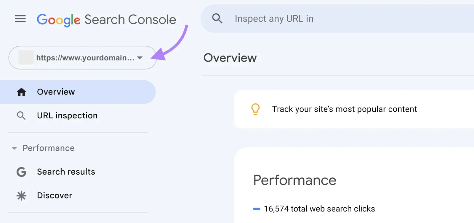 Google Search Console dashboard with arrow pointing to domain property selection menu.