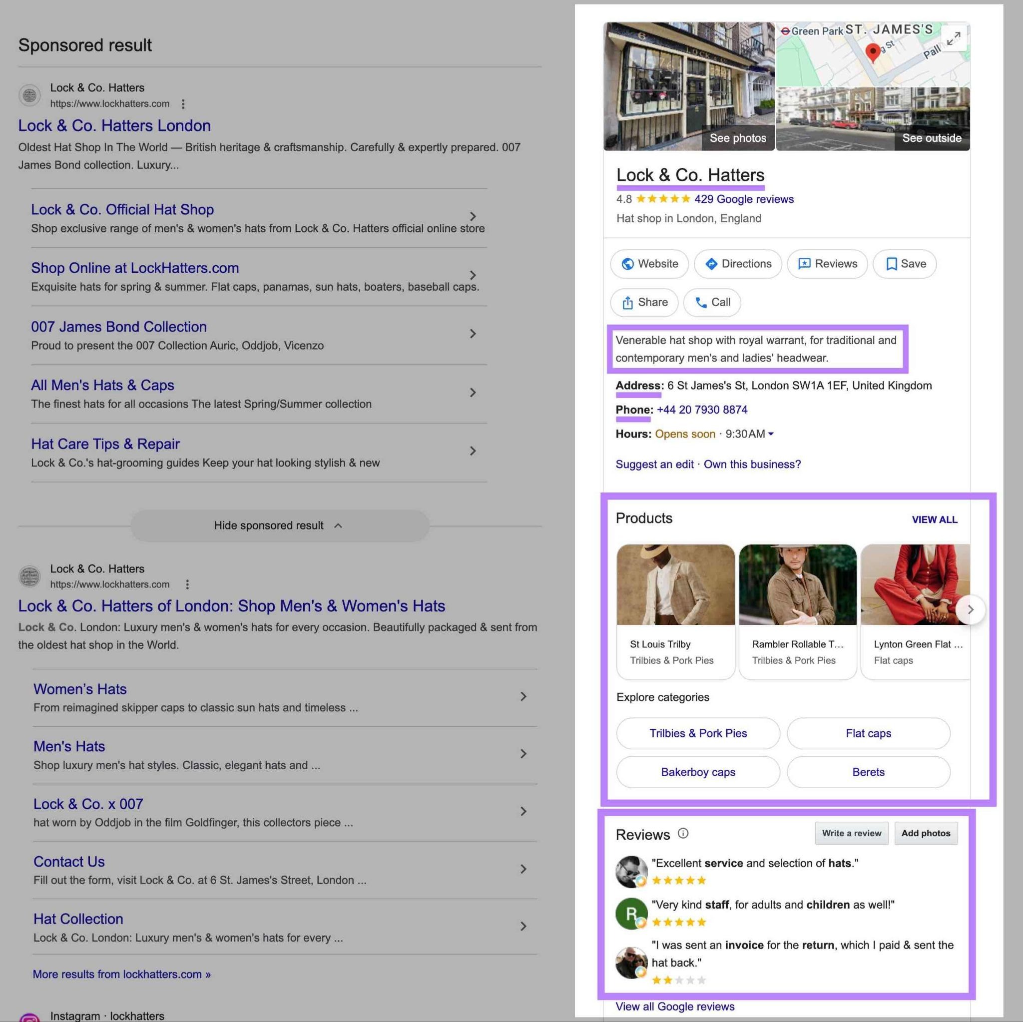 A Google Business Profile with the NAP, description, products and categories, and reviews highlighted.