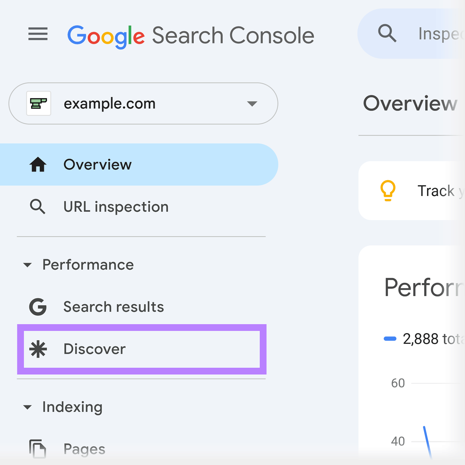Google Search Console dashboard with Discover menu option highlighted