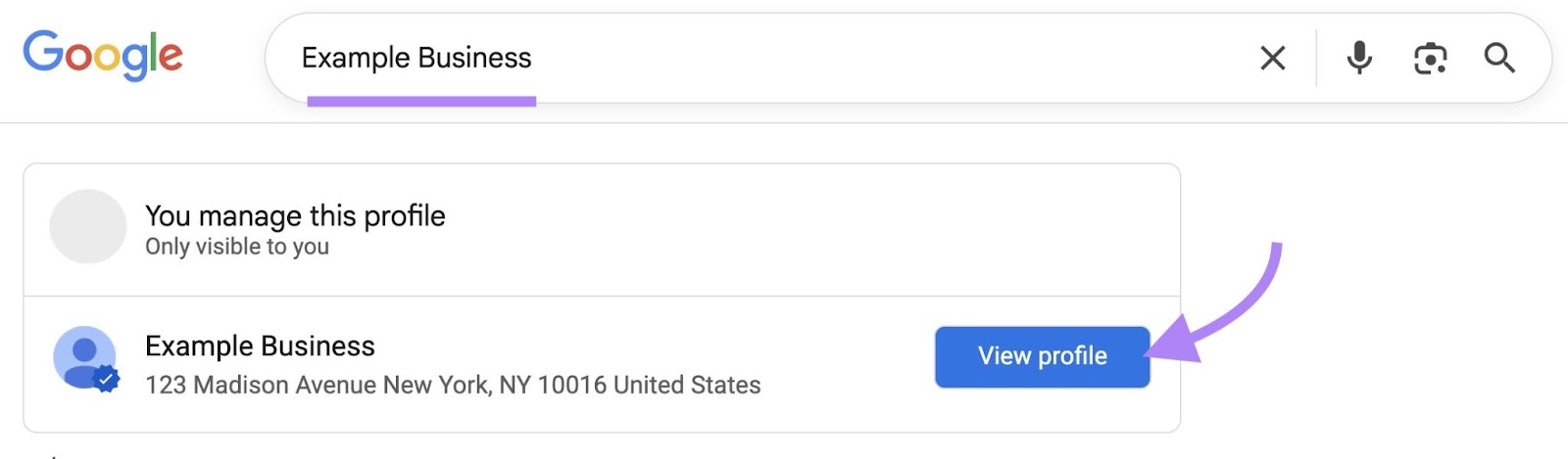 The name of a business entered on Google Search and the managed Google Business Profile selected from the SERP results.