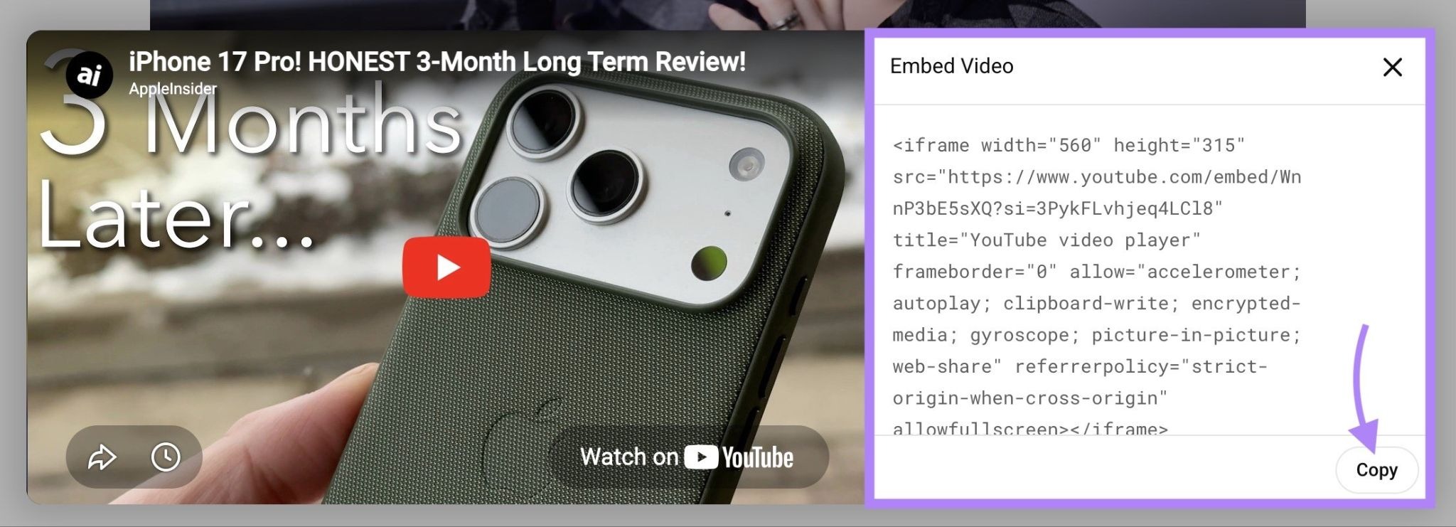 The "Embed Video" window on a YouTube video with "Copy" clicked.