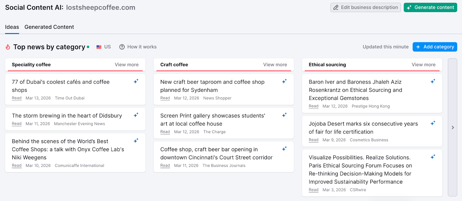 Social Content AI showing top news by category for a coffee brand