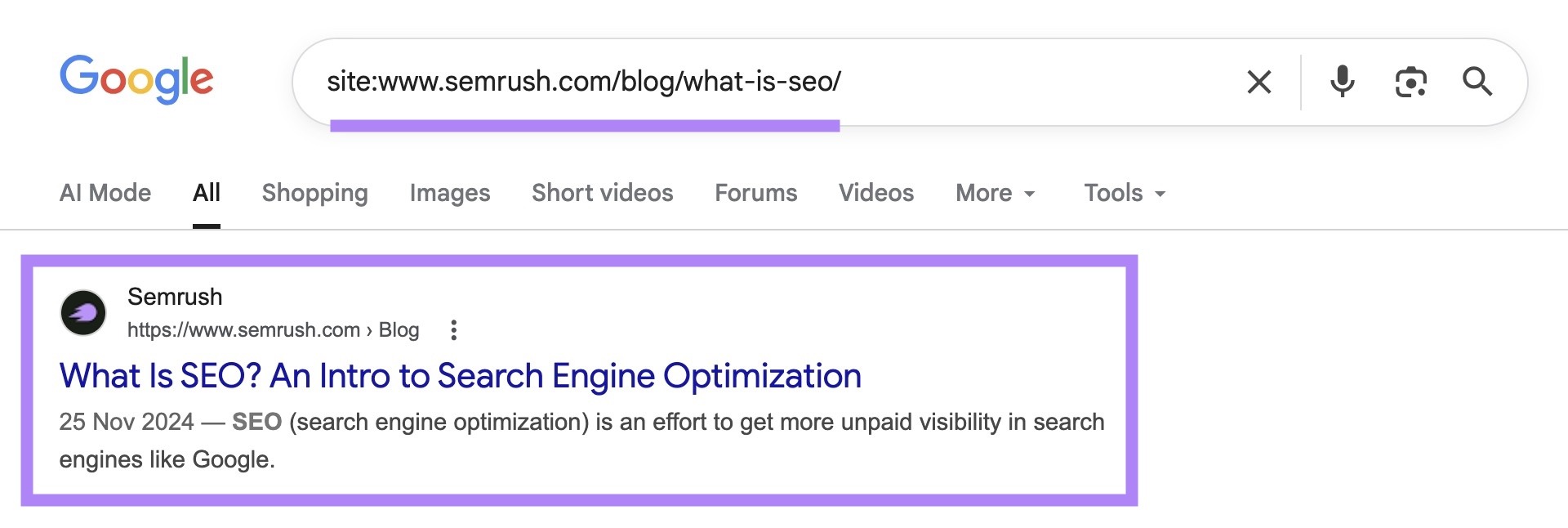 SERP for “site:sr03.balochseotools.com/blog/what-is-seo/” with the top result highlighted.