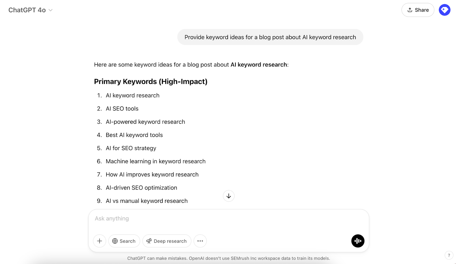 ChatGPT interface showing a prompt asking for keyword ideas for a blog post & a list of keywords generated by the tool.