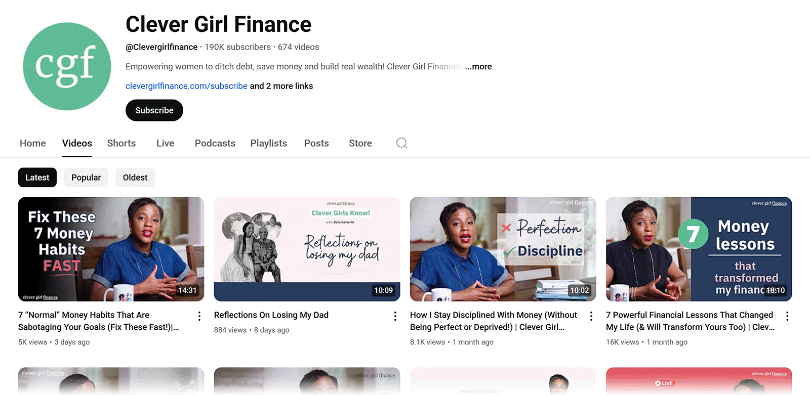 Clever Girl Finance YouTube channel Videos tab showing recent uploads.