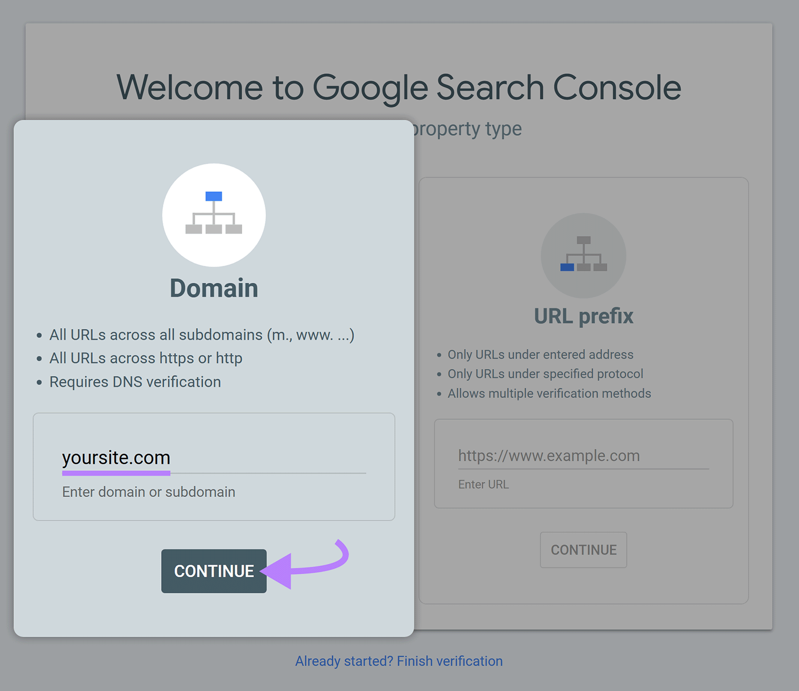 Domain property entry form highlighted, domain entered, and arrow pointing to Continue button.