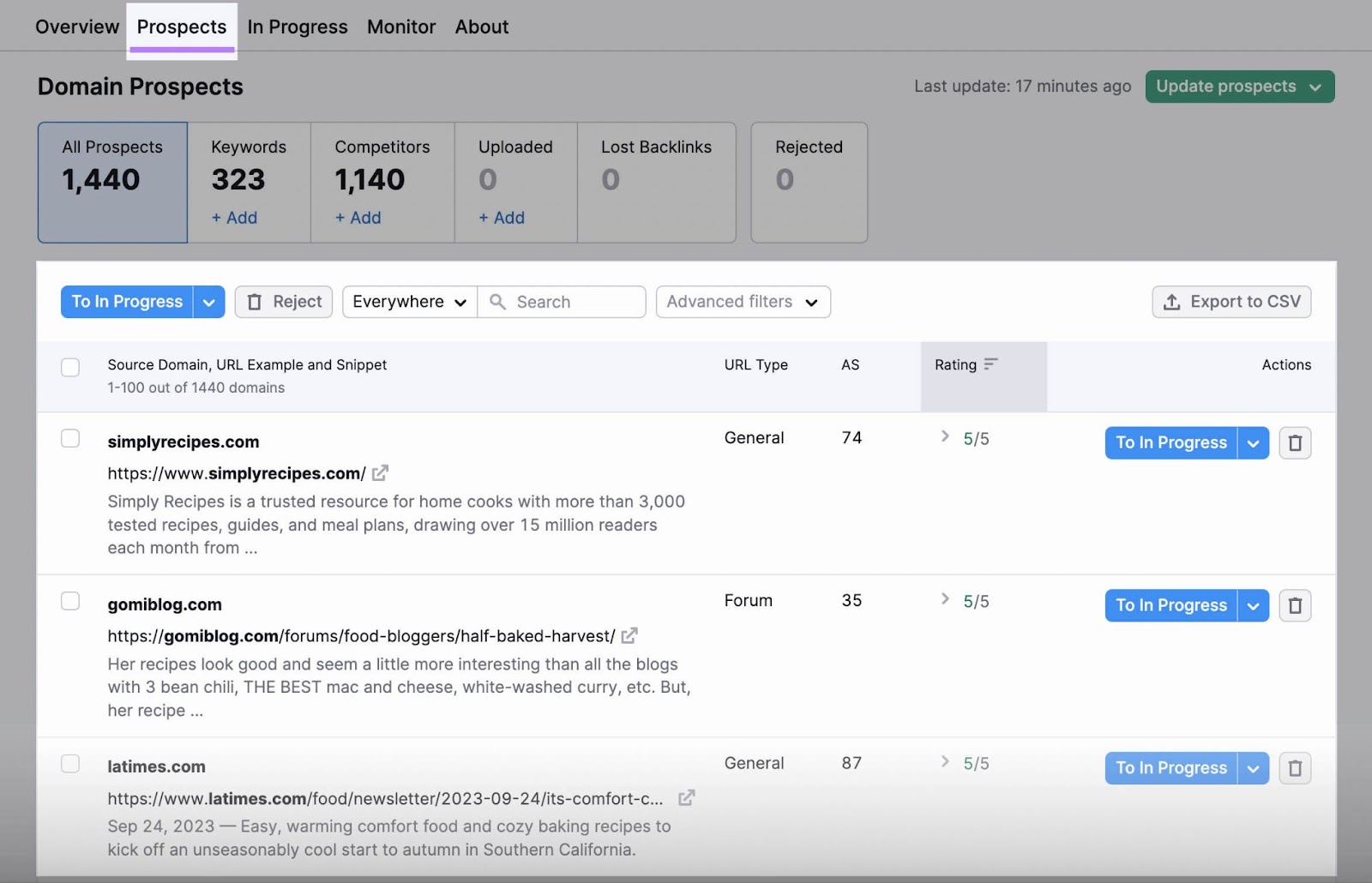 "Prospects" database in the Link Building tool