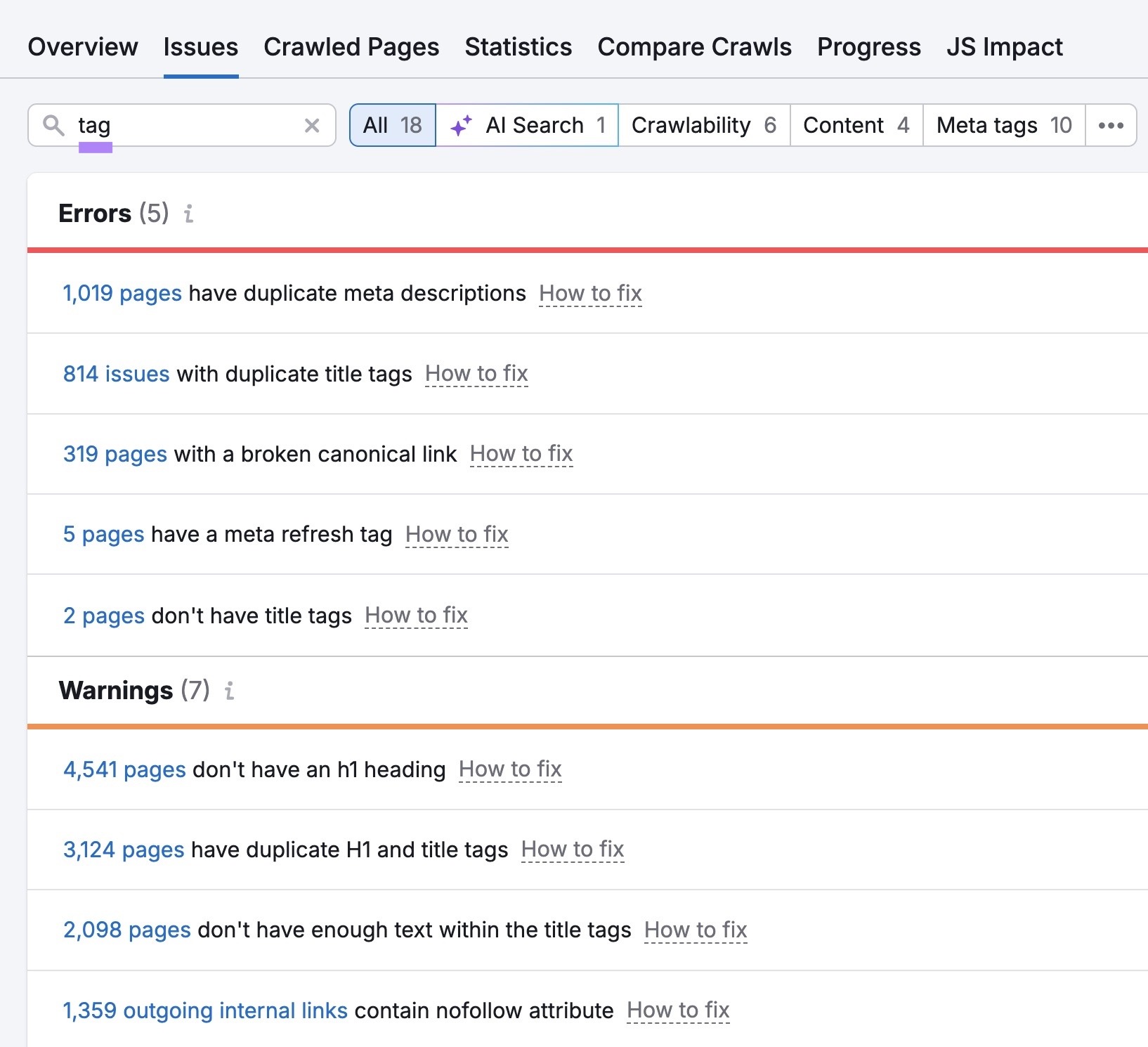 "tag" entered on the "Issues" tab of the Site Audit tool showing a list of related errors and warnings.