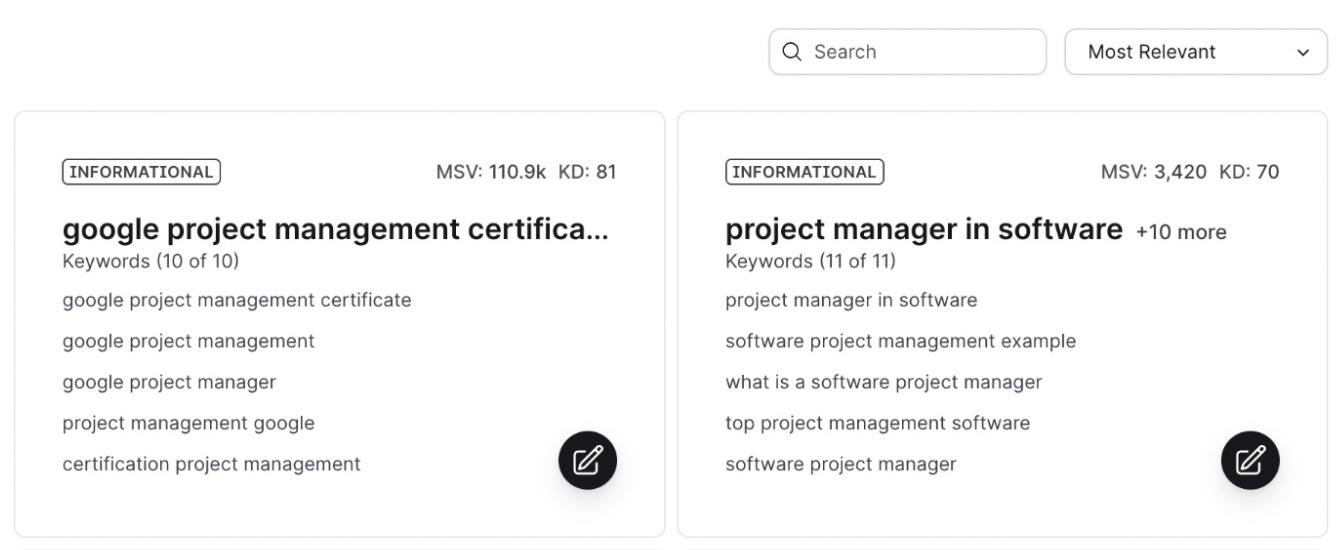Surfer SEO dashboard showing keyword ideas based on a seed term along with its variations, search intent, monthly volume, and difficulty.