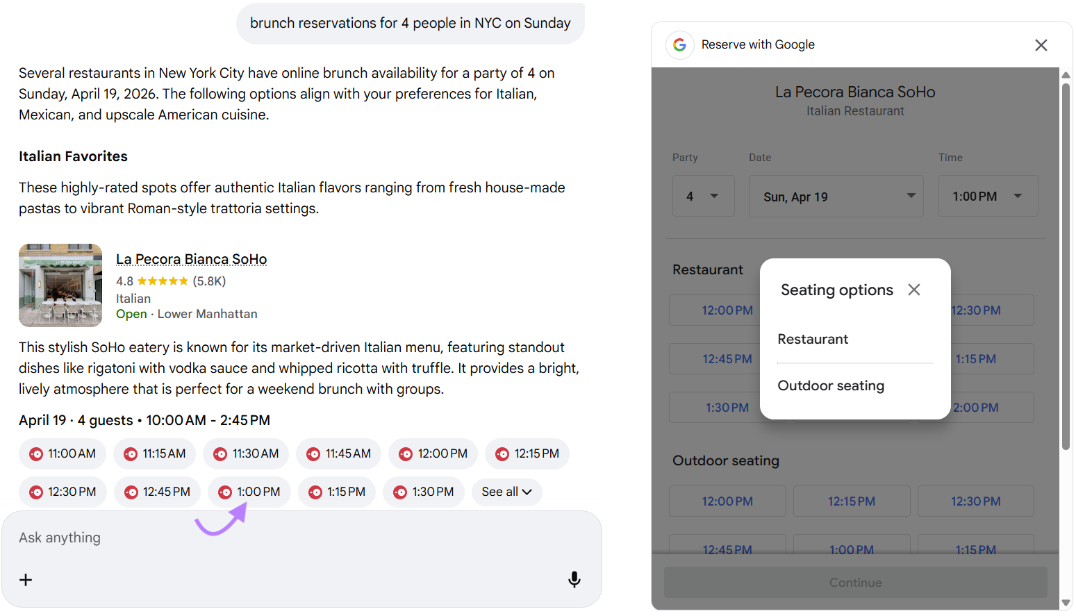 A "Reserve with Google" panel opens to complete the reservation details.