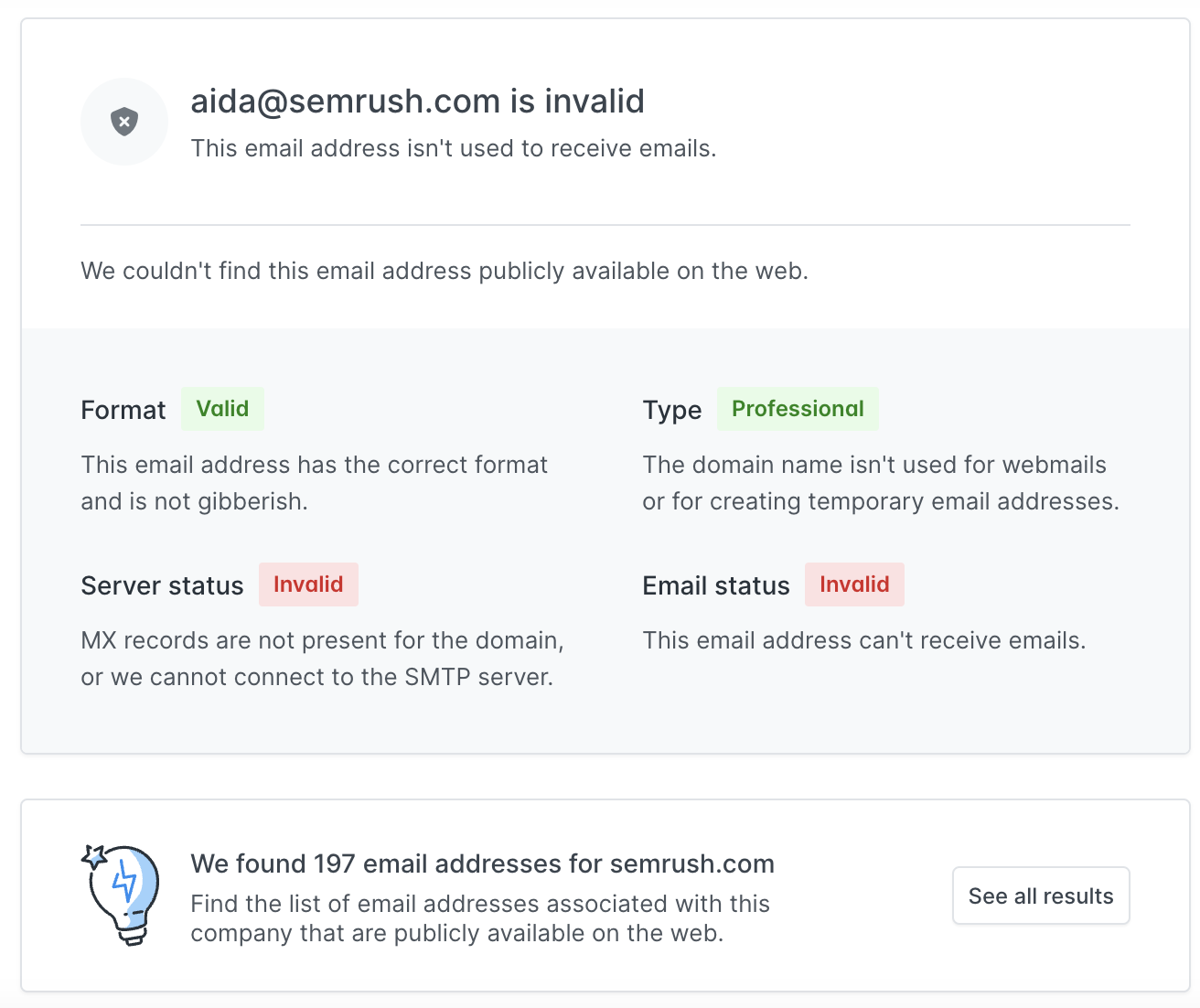 Hunter's results for an invalid email address "aida@sr03.balochseotools.com"