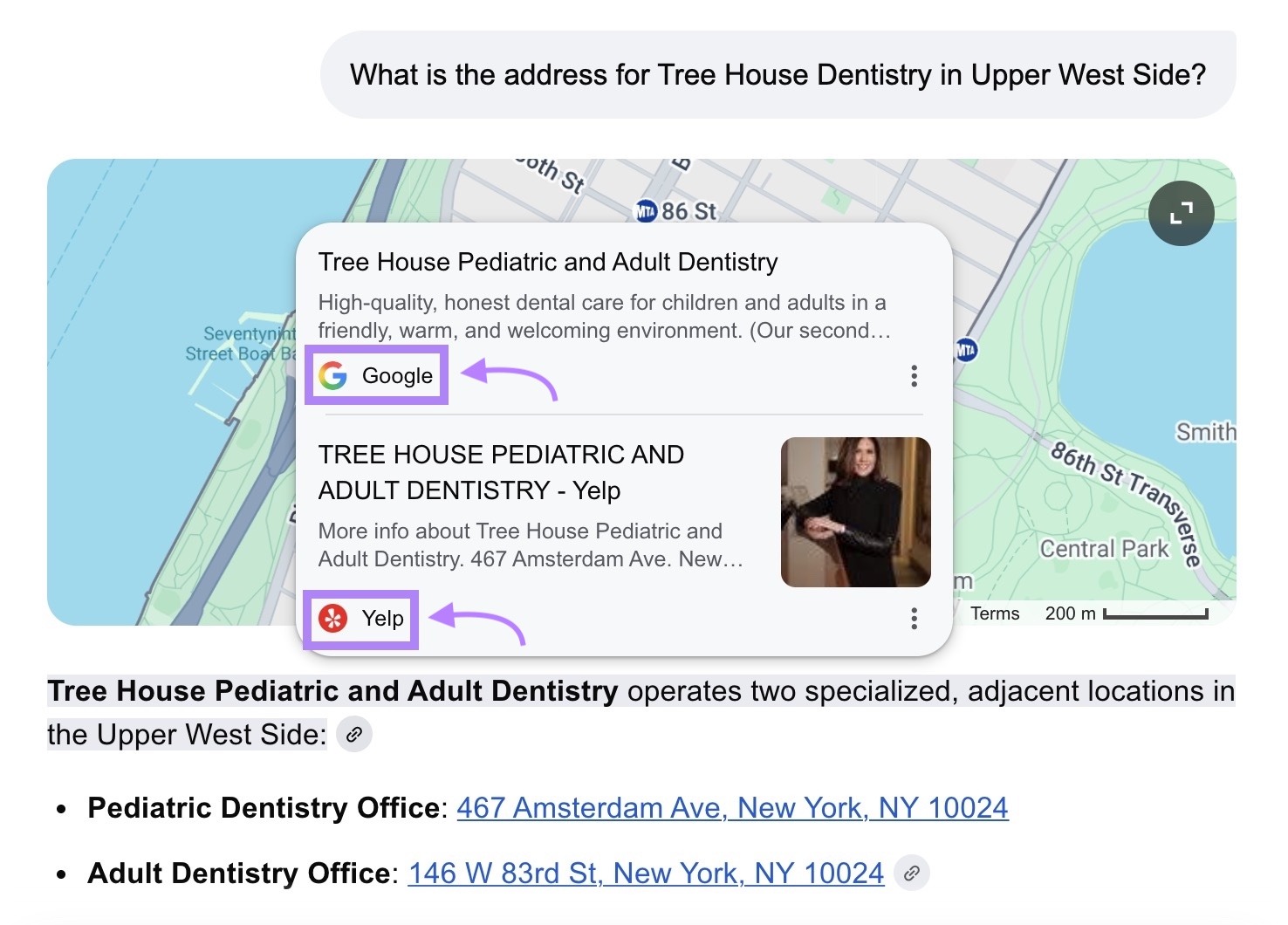 A response on Google AI mode showing a business's address based on data collected from third-party directories like Google and Yelp.