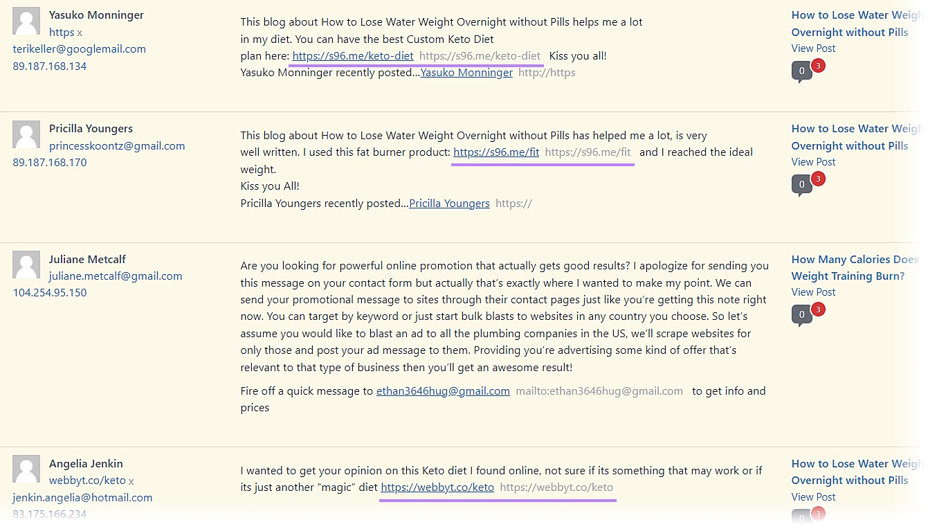 "Comments" tab of the Wordpress CMS showing multiple user comments that include spammy links